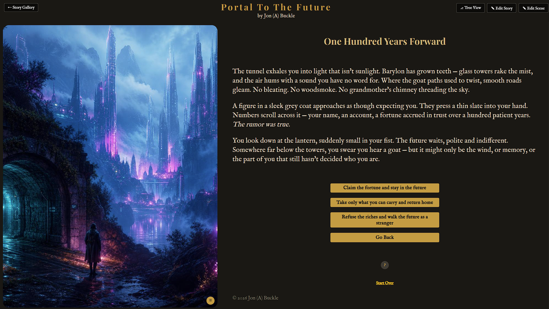 The story player showing a scene with its image and a set of choice buttons